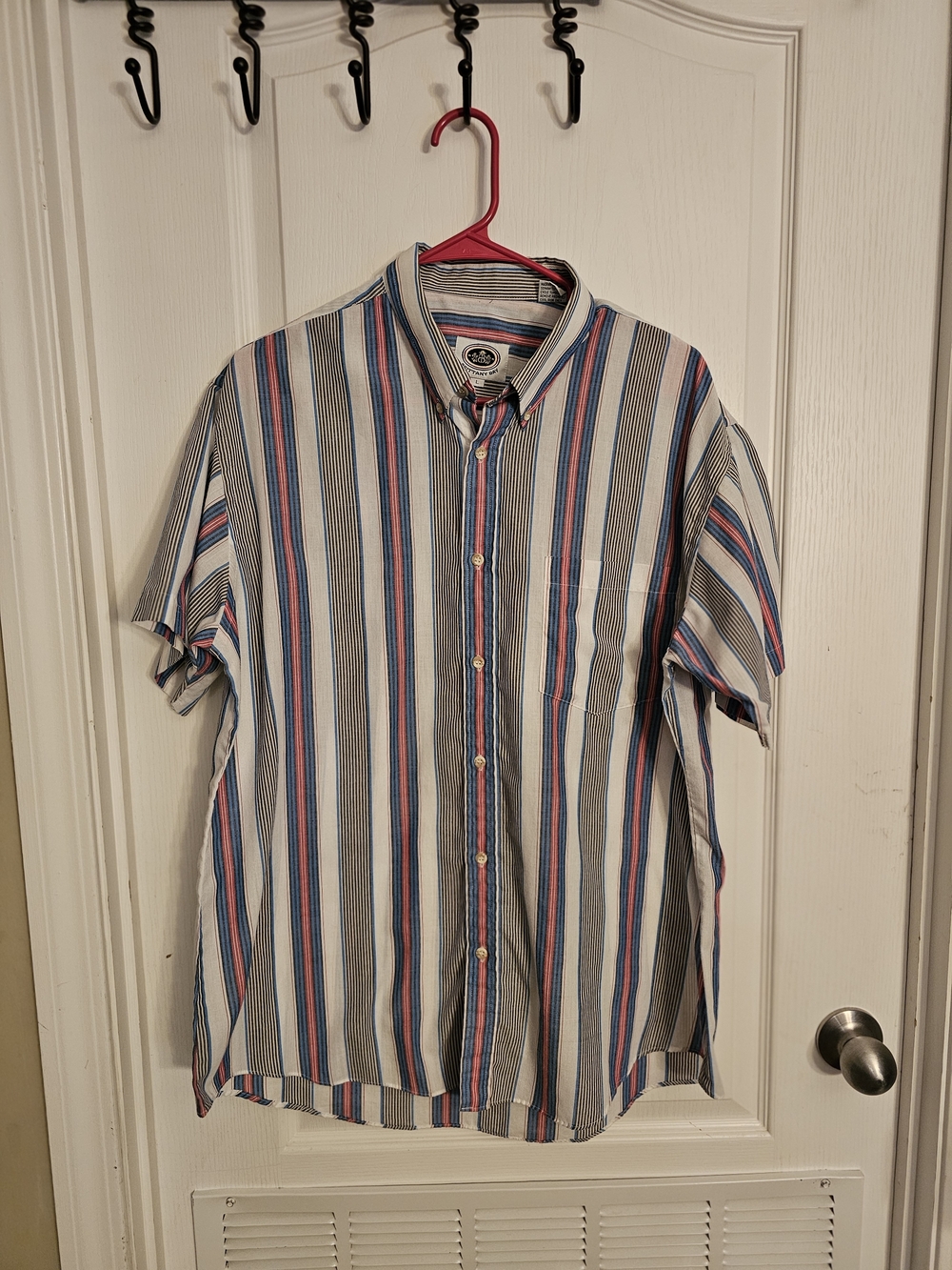 Brittany Bay Vintage Collared Short Sleeve Button Shirt Pink Blue White Striped